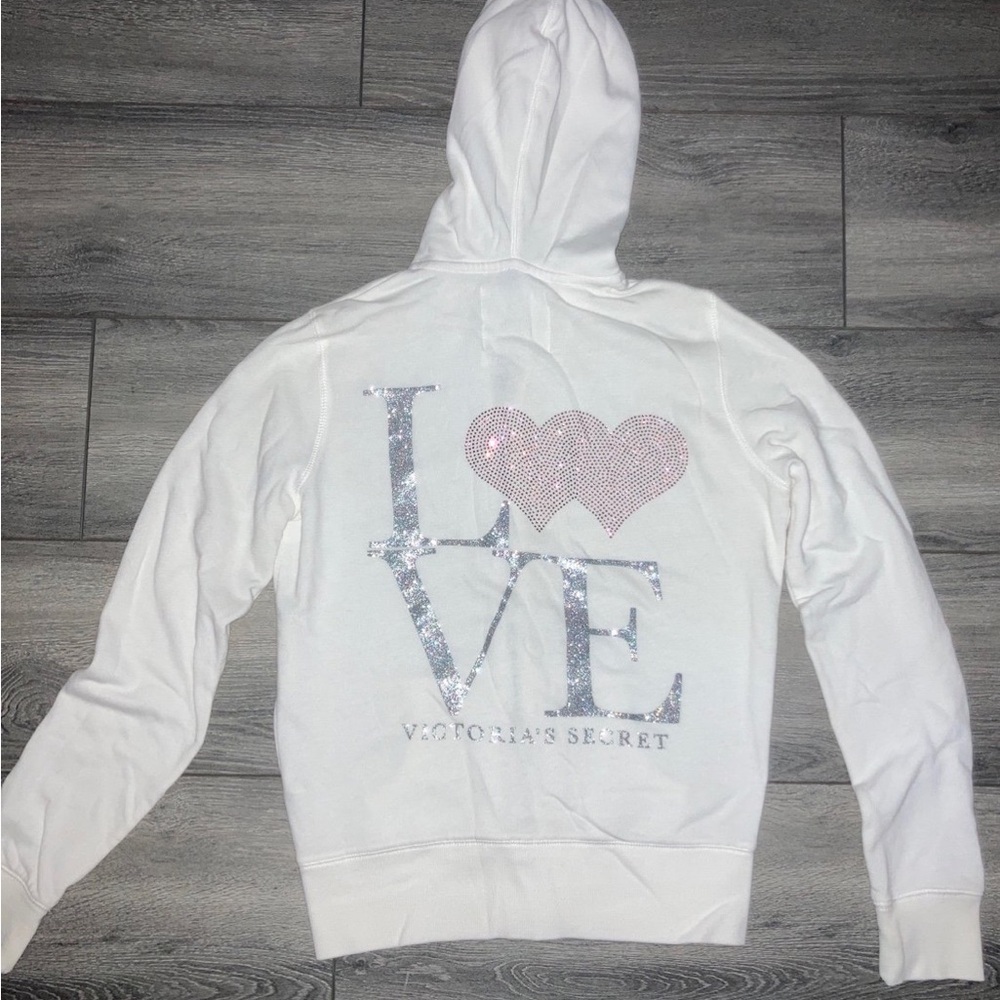Victoria's Secret White Hoodie with Pink Heart and Silver Lettering